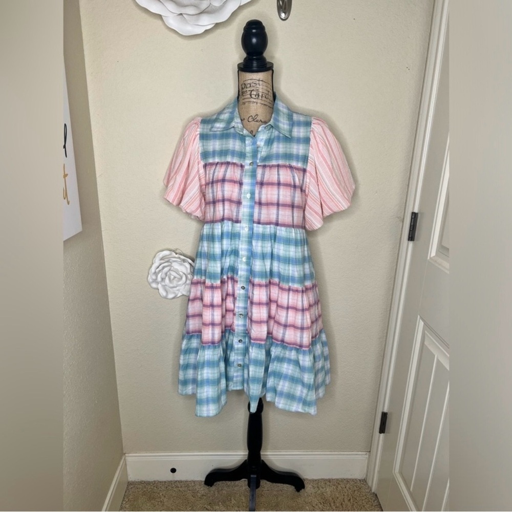 NTM: Entro Bubble Sleeve Blue, Green, Pink & White Plaid Lined Mini Dress Sz L - Picture 2 of 14